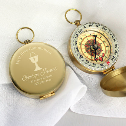 Full compass in brushed metal effect case, engraved with First Holy Communion and an etched chalice with cross. can bepersonalised with a name and message of your choice