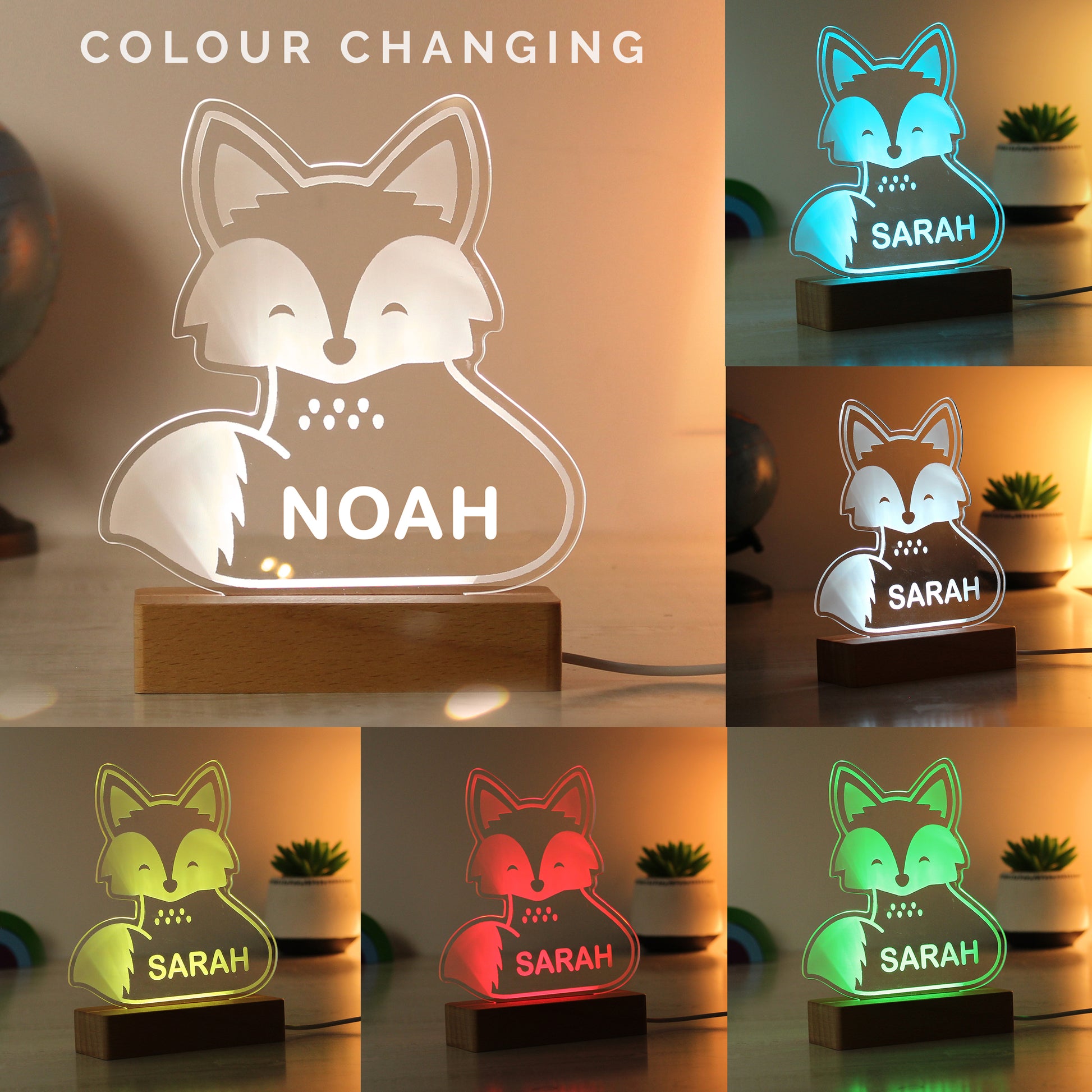 Childs LED light on wooden base. Fox  personalised with your child's name. Changing or fixed colour and brightness settings. Shown iwith colour changes