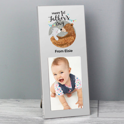 First Fathers Day frame with Daddy and Baby Bear illustration and room for a 2 x 3 inch photo. Personalise with your own message of up to 30 characters including spaces. Aluminium frame.