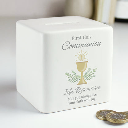 Ceramic First Holy Communion money box with pretty chalice pattern. Personalised with name and up to two further lines of text