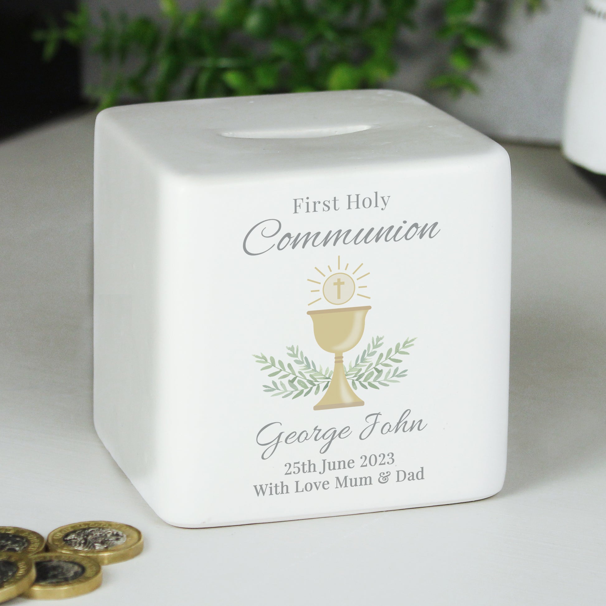 Ceramic First Holy Communion money box with pretty chalice pattern. Personalised with name and up to two further lines of text