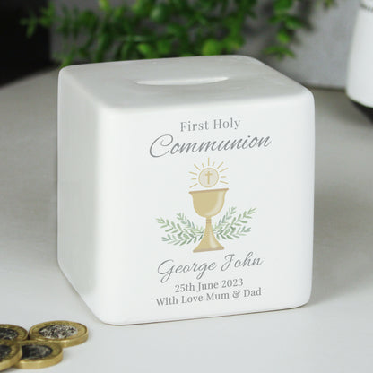 Ceramic First Holy Communion money box with pretty chalice pattern. Personalised with name and up to two further lines of text