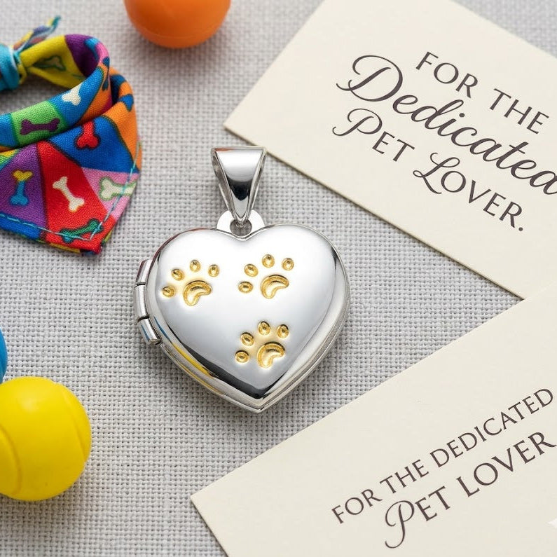 Heart-shaped paw print opening photo locket 
