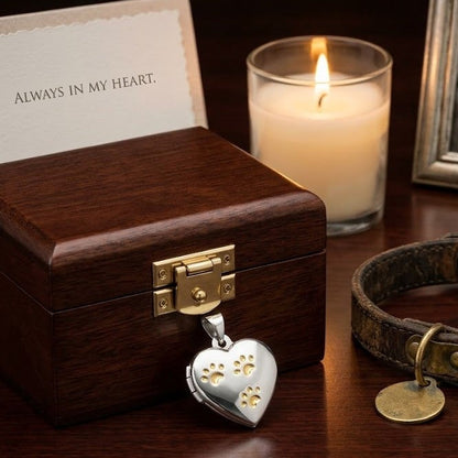 Heart-shaped paw print opening photo locket on sterling silver chain