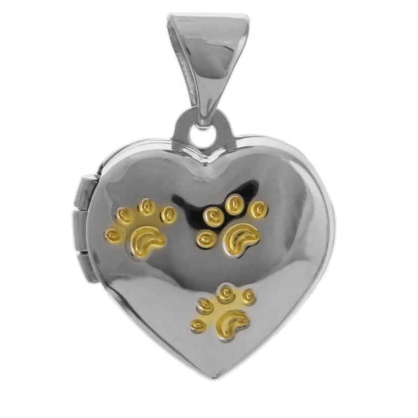 CLose up of Heart-shaped paw print opening photo locket on sterling silver chain