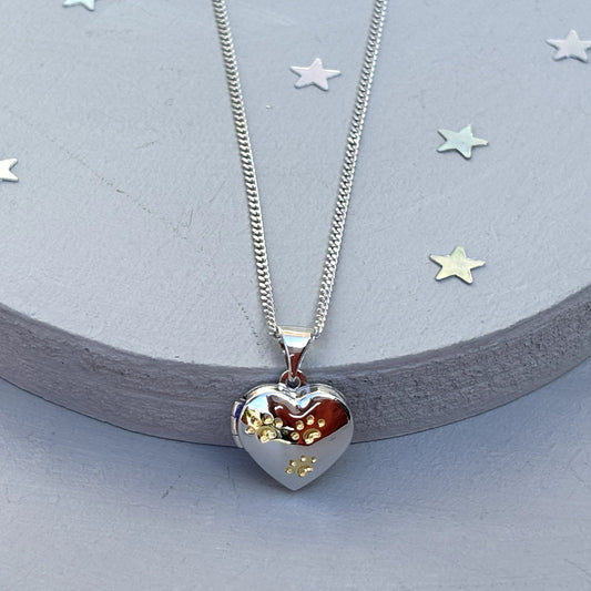 Heart-shaped paw print opening photo locket on sterling silver chain