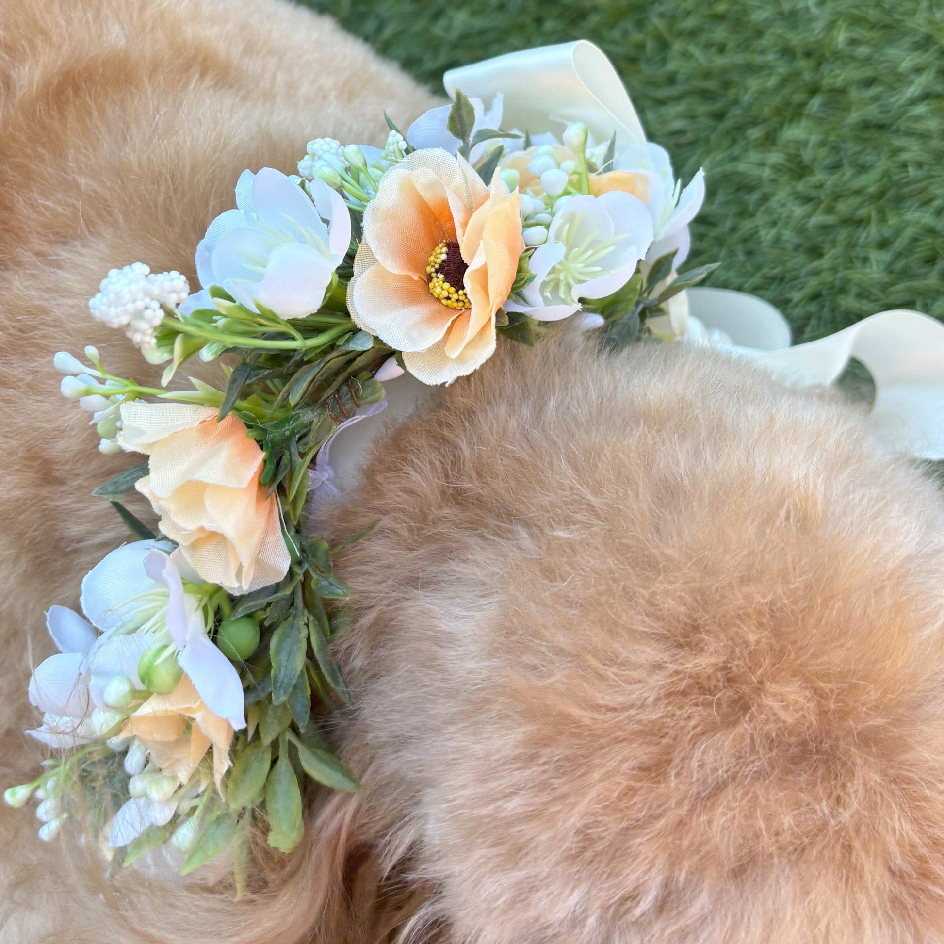 Full Flower Garland Dog Collar. Silk flower dog collar has a blend of buds and blossoms and a hint of woodland greenery, finished with ivory satin ribbon and attached to a white leather collar. Optional Ring Bearer Clasp