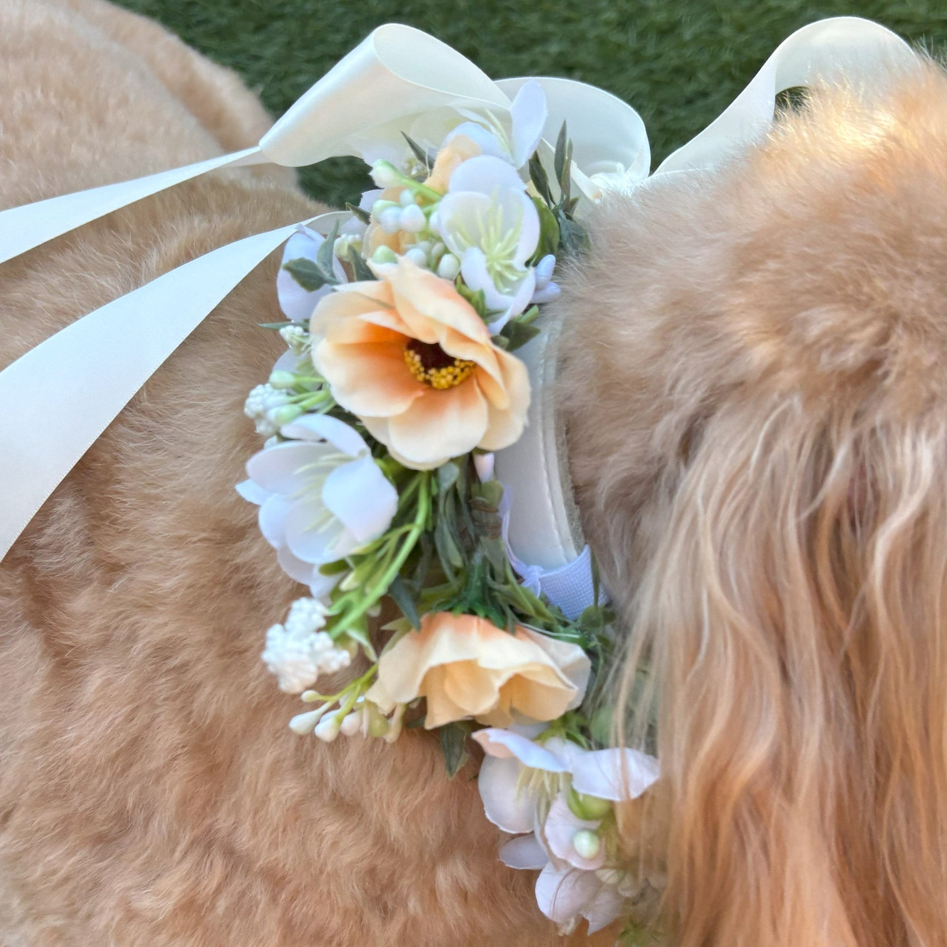 Full Flower Garland Dog Collar. Silk flower dog collar has a blend of buds and blossoms and a hint of woodland greenery, finished with ivory satin ribbon and attached to a white leather collar. Optional Ring Bearer Clasp