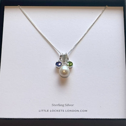 Freshwater pearl necklace with crystal birthstones presented on card in branded gift box