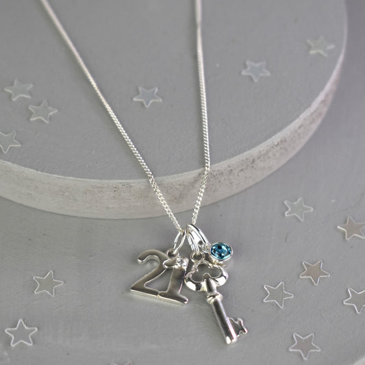 Birthday Necklace with Key and 16, 18 or 21 with selected birthstone