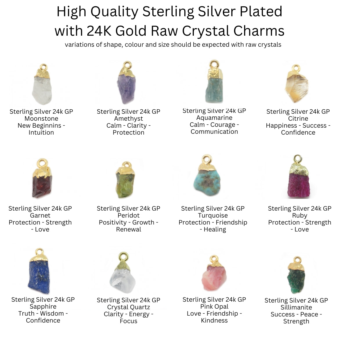 Collection of high-quality sterling silver plated raw crystal charms with 24K gold plating - meanings