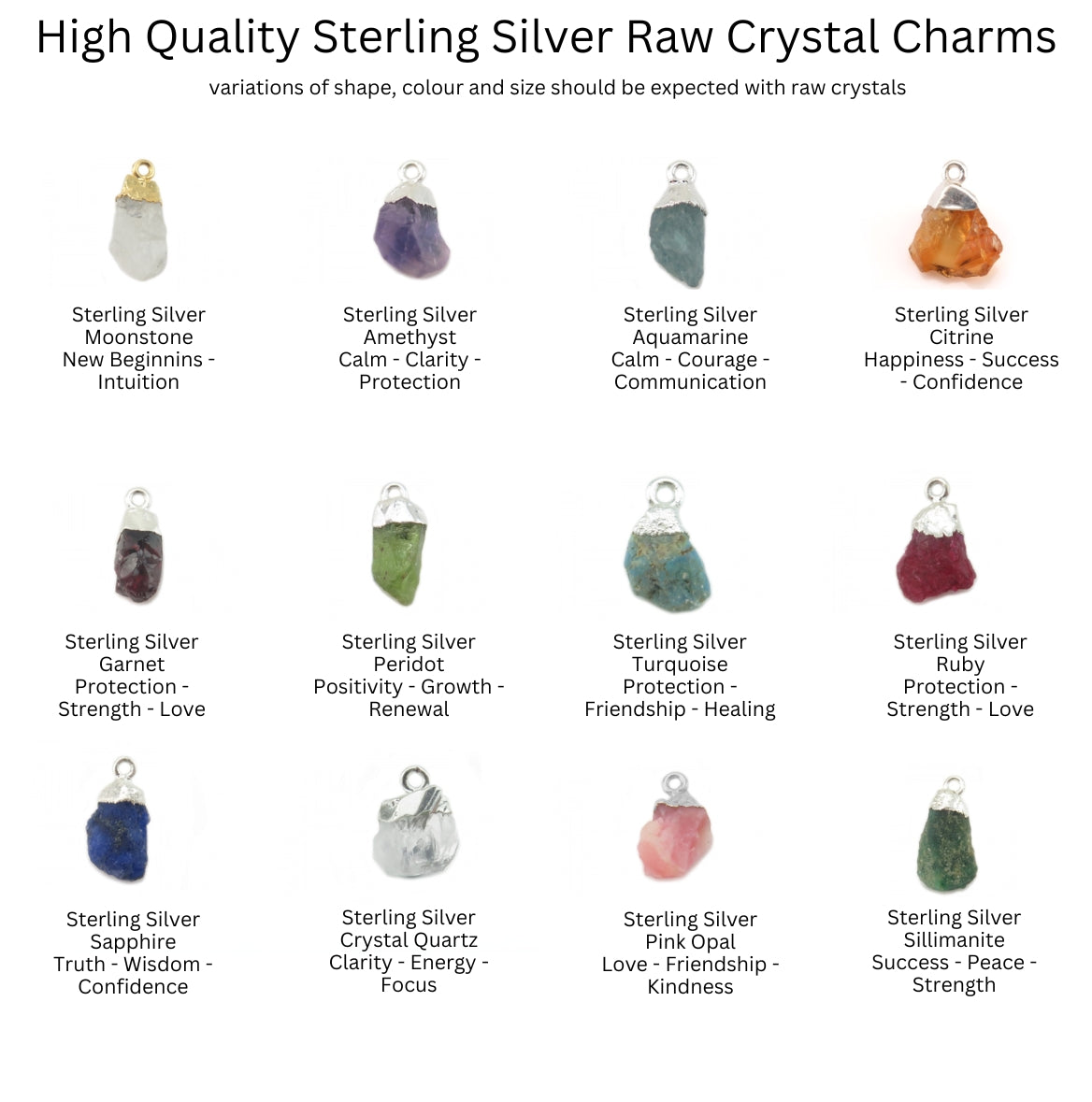 Collection of sterling silver raw crystal charms with meanings