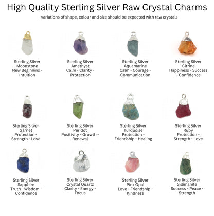 Collection of sterling silver raw crystal charms with meanings