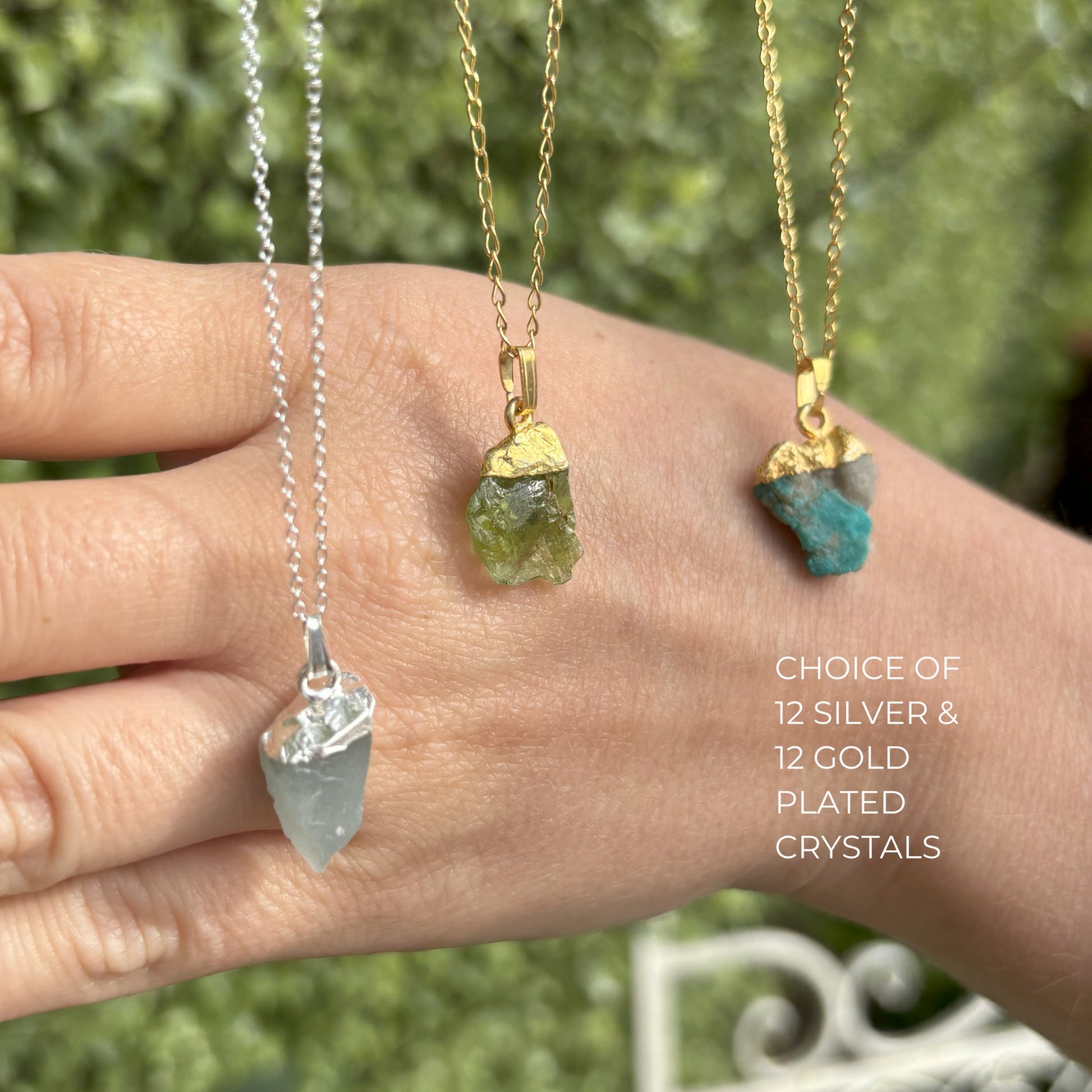 Three raw crystal necklaces with different colored crystals choice available