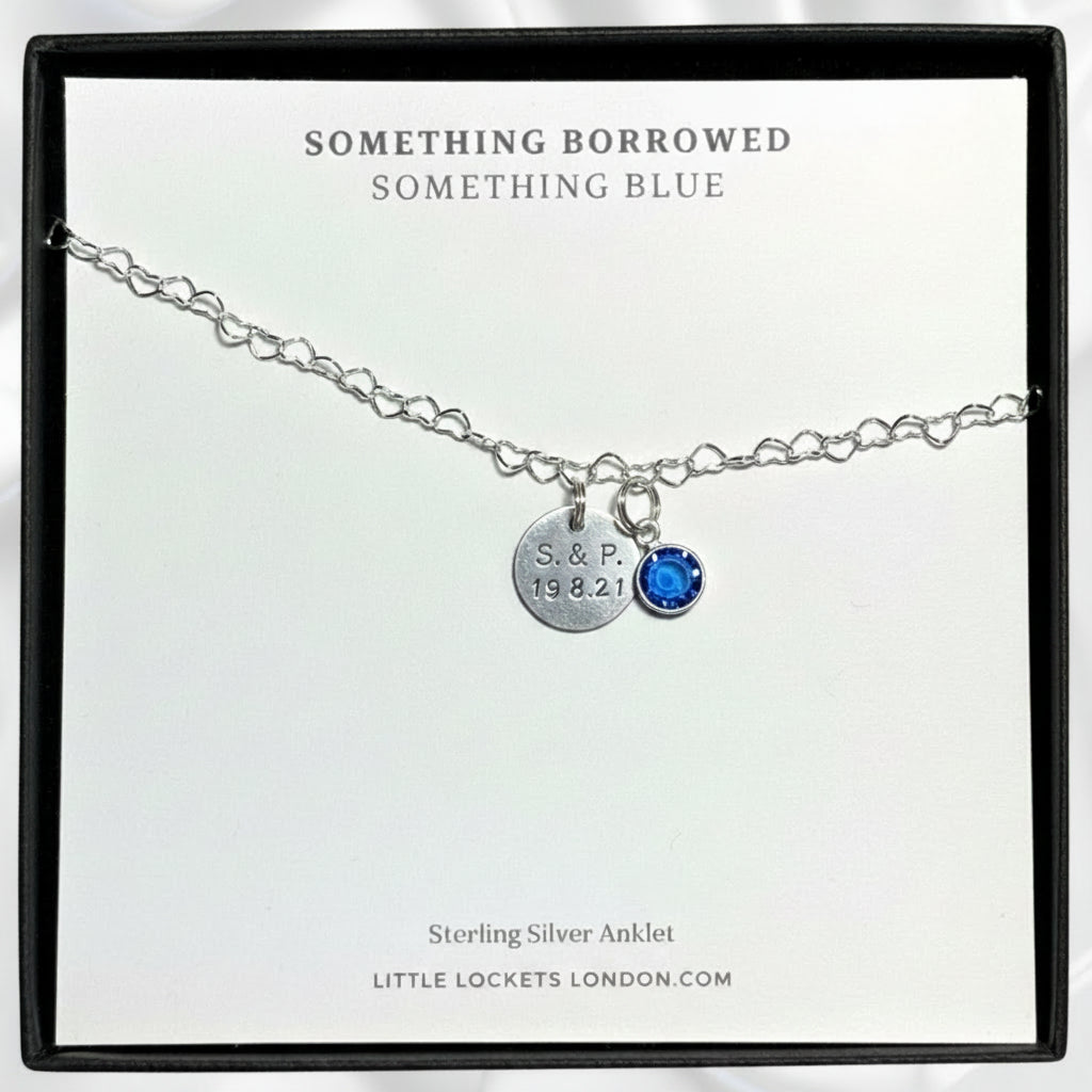 Sterling Silver heart link anklet with something blue sapphire crystal charm with optional round engraved tag