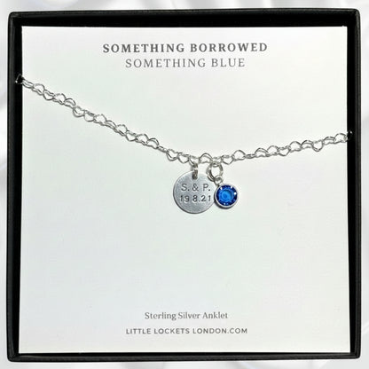Sterling Silver heart link anklet with something blue sapphire crystal charm with optional round engraved tag