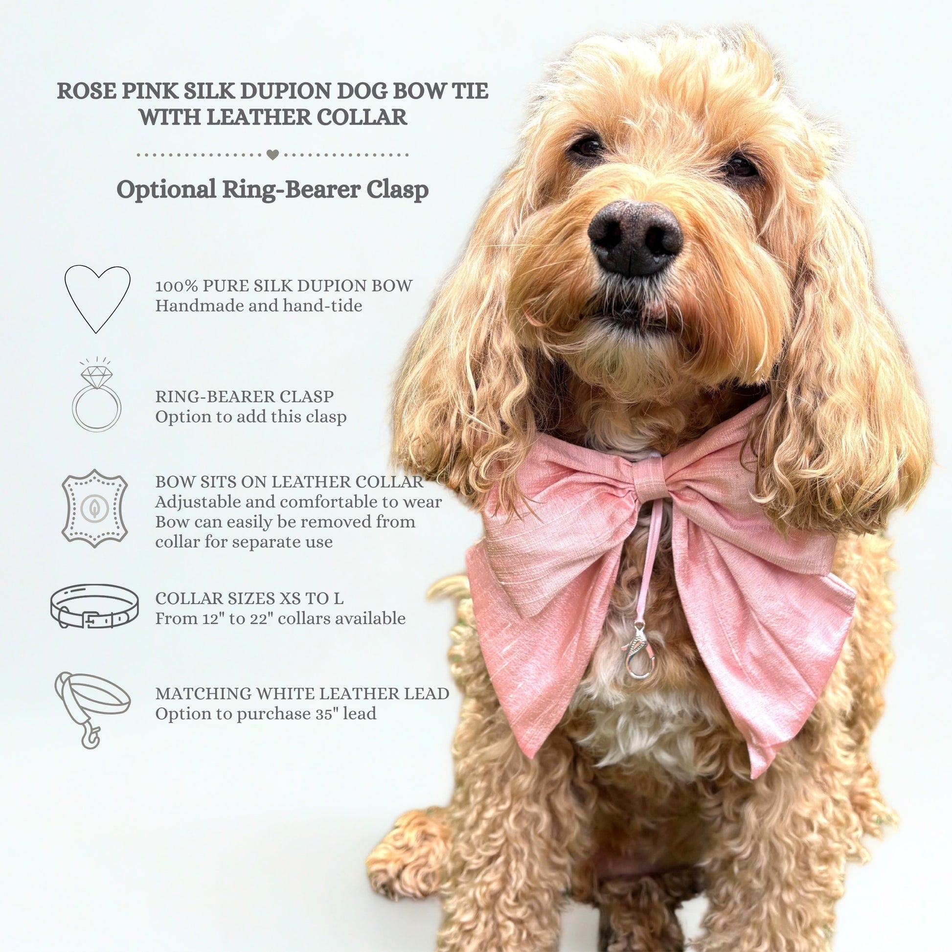 Specifications of 100% silk dupion handmade, hand-tied bow tie with optional ring bearer clasp. Bow sits on white leather collar and can be removed.