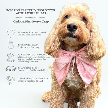 Specifications of 100% silk dupion handmade, hand-tied bow tie with optional ring bearer clasp. Bow sits on white leather collar and can be removed.