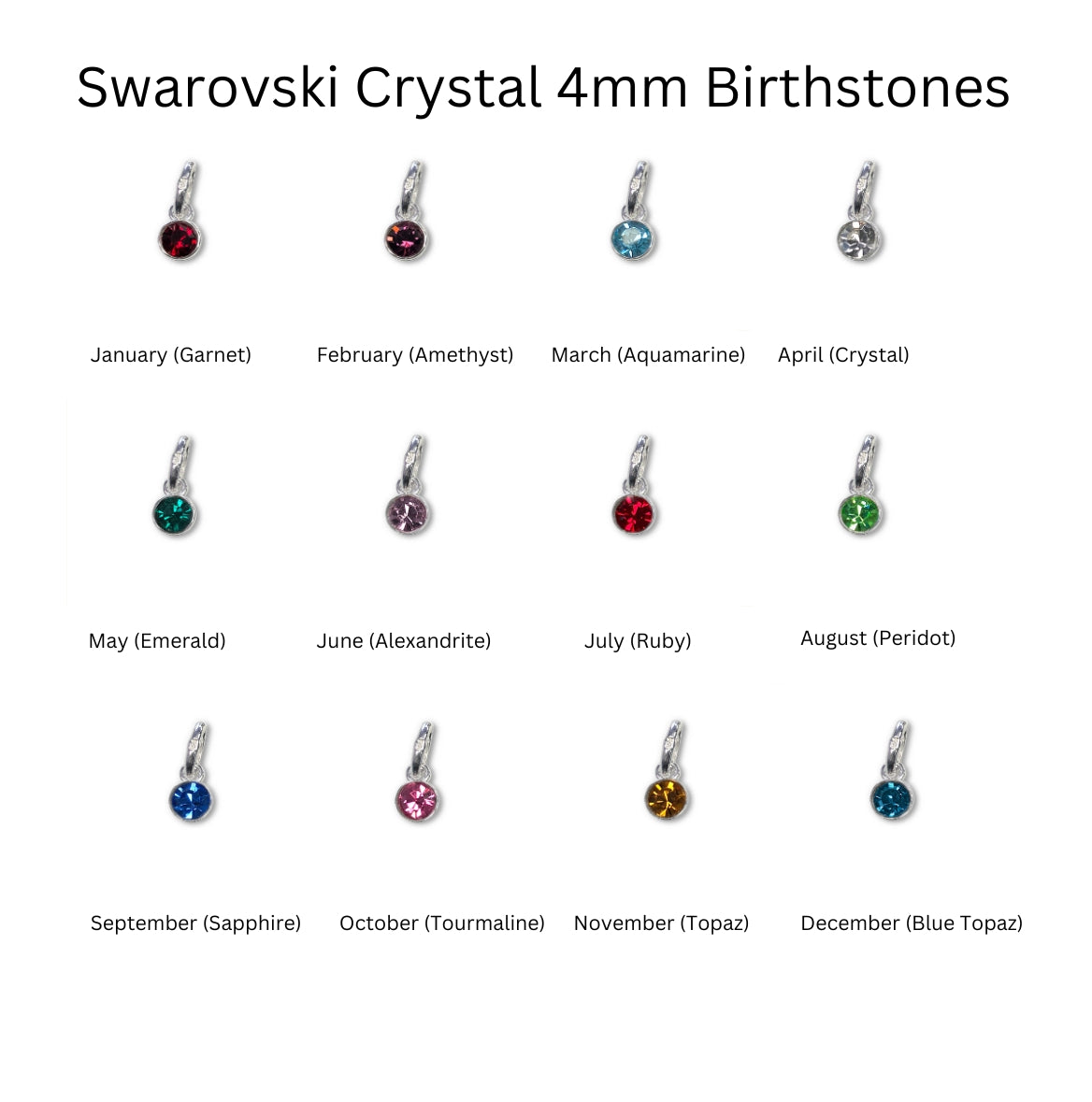 Chart showing the birthstones available to be added to your locket
