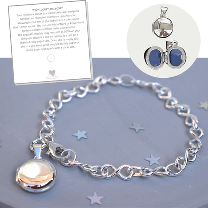 Sterling silver miniature locket on infinity link bracelet