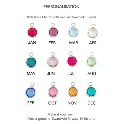 Chart of birthstone charms with Swarovski crystals for each month.