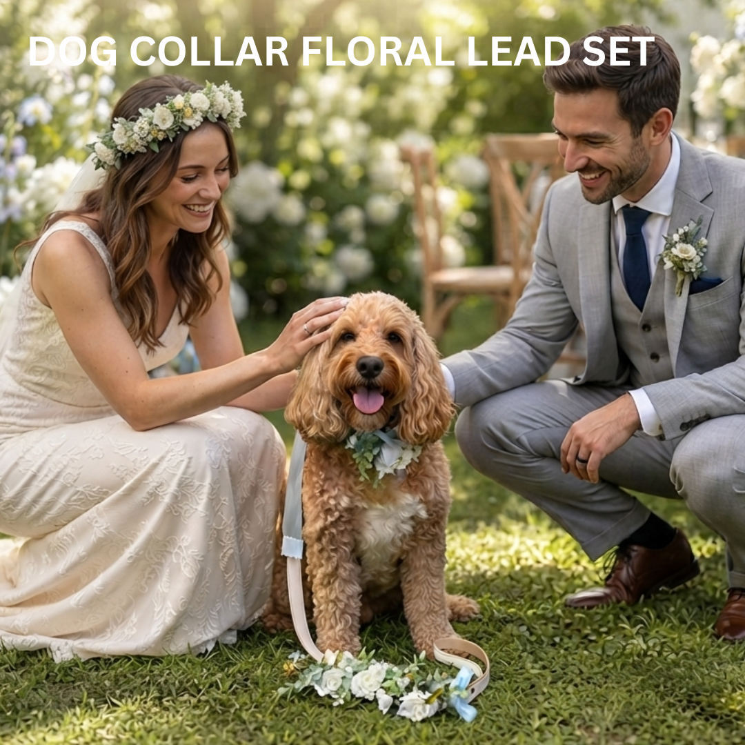Bride and groom with cockapoo dog wearing ivory flower garland with own choice blue satin ribbons 