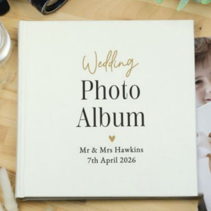 Square wedding photo album with gold and black personalisation