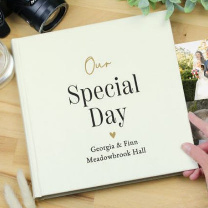 Square wedding photo album with gold and black personalisation