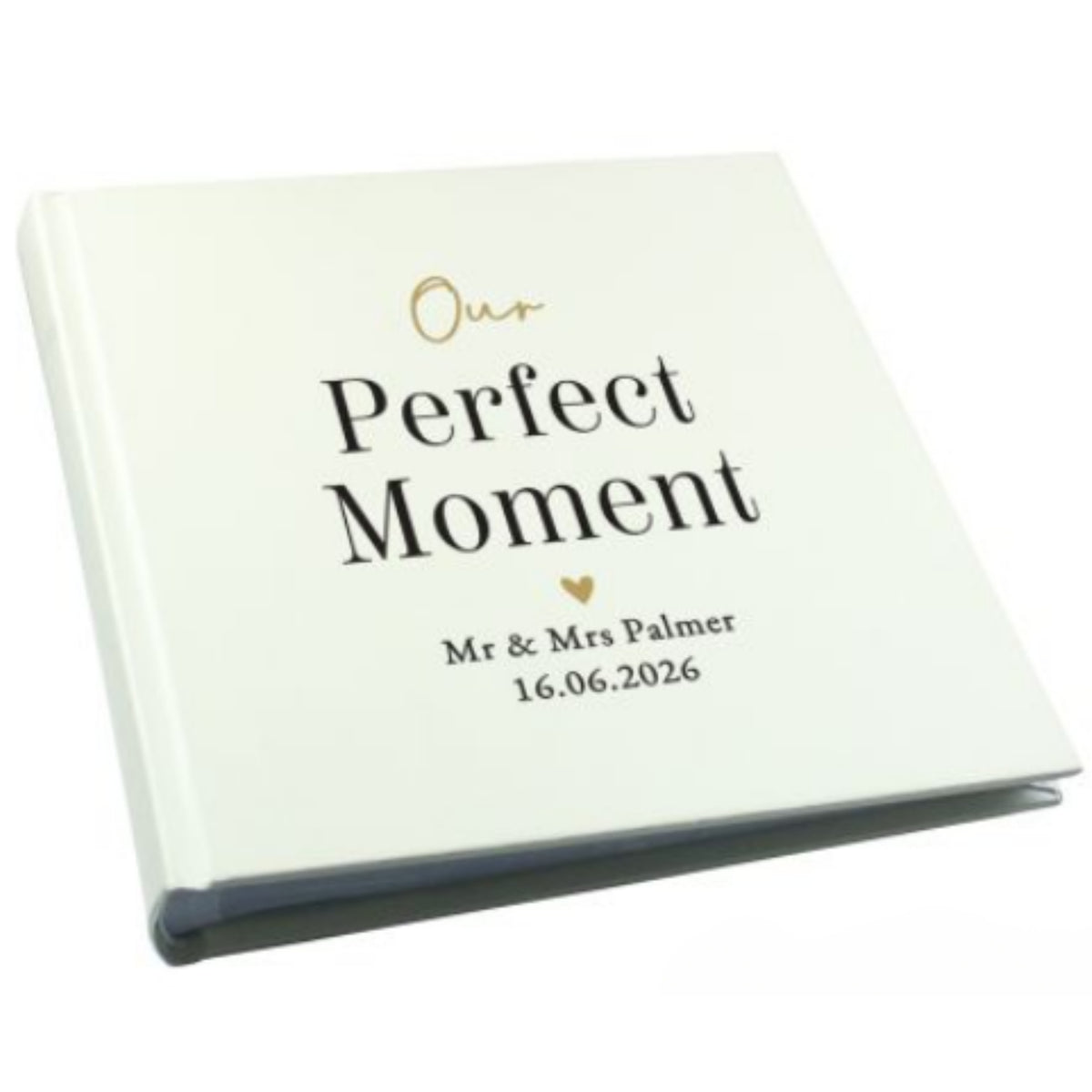 Square wedding photo album with gold and black personalisation