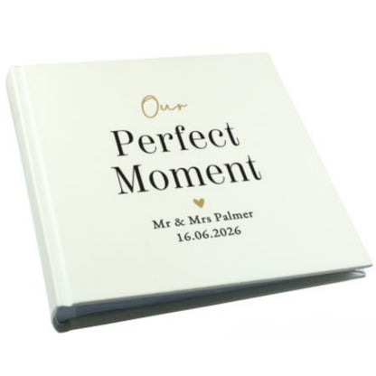 Square wedding photo album with gold and black personalisation