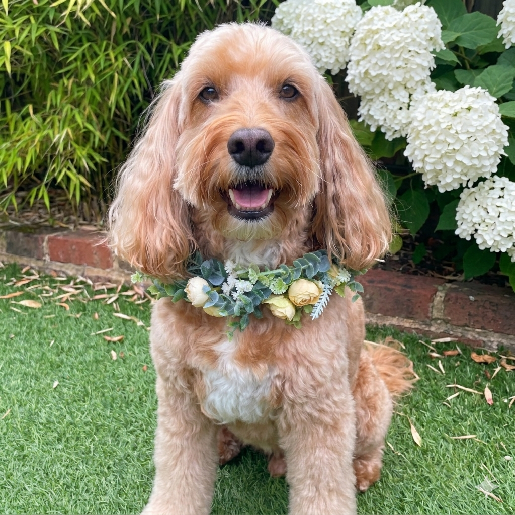 A cockapoo wearing a golden yellow camellia bud flower garland. Ties with organza ribbon fully adjustable.