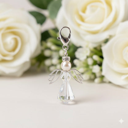 Sterling silver and crystal angel caribiner to be attached to wedding bouquets, wedding purses or the dress itself