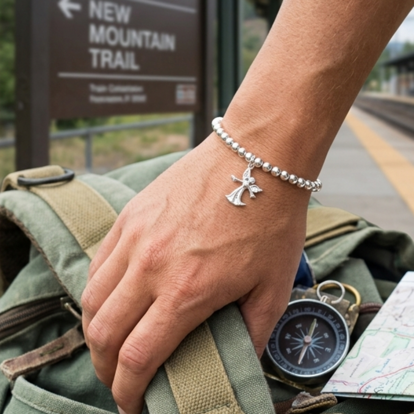 A backpacker shown wearing a sterling silver beaded bracelet with a guardian angel charm