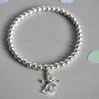 Sterling silver beaded bracelet with 4mm beads and a 16mm sterling silver angel charm