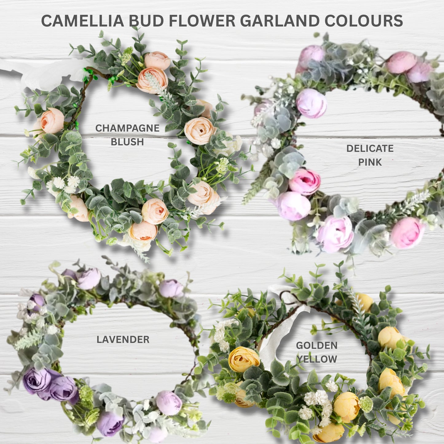 Colour chart for camellia bud flower garland for dogs. Ties with organza ribbon adjustable sizing. Available in Champagne Blush, Delicate Pink, Lavender, Golden Yellow.