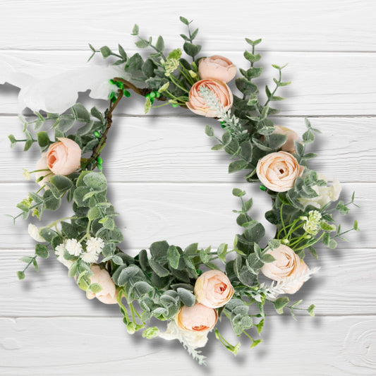 Champagne blush camellia bud flower garland for dogs. Ties with organza ribbon adjustable sizing.