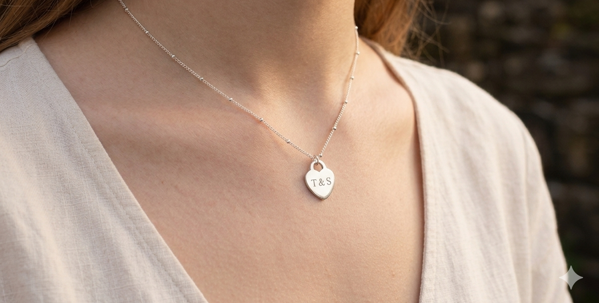 sterling silver heart engraved with initials shown suspended from a satellite chain