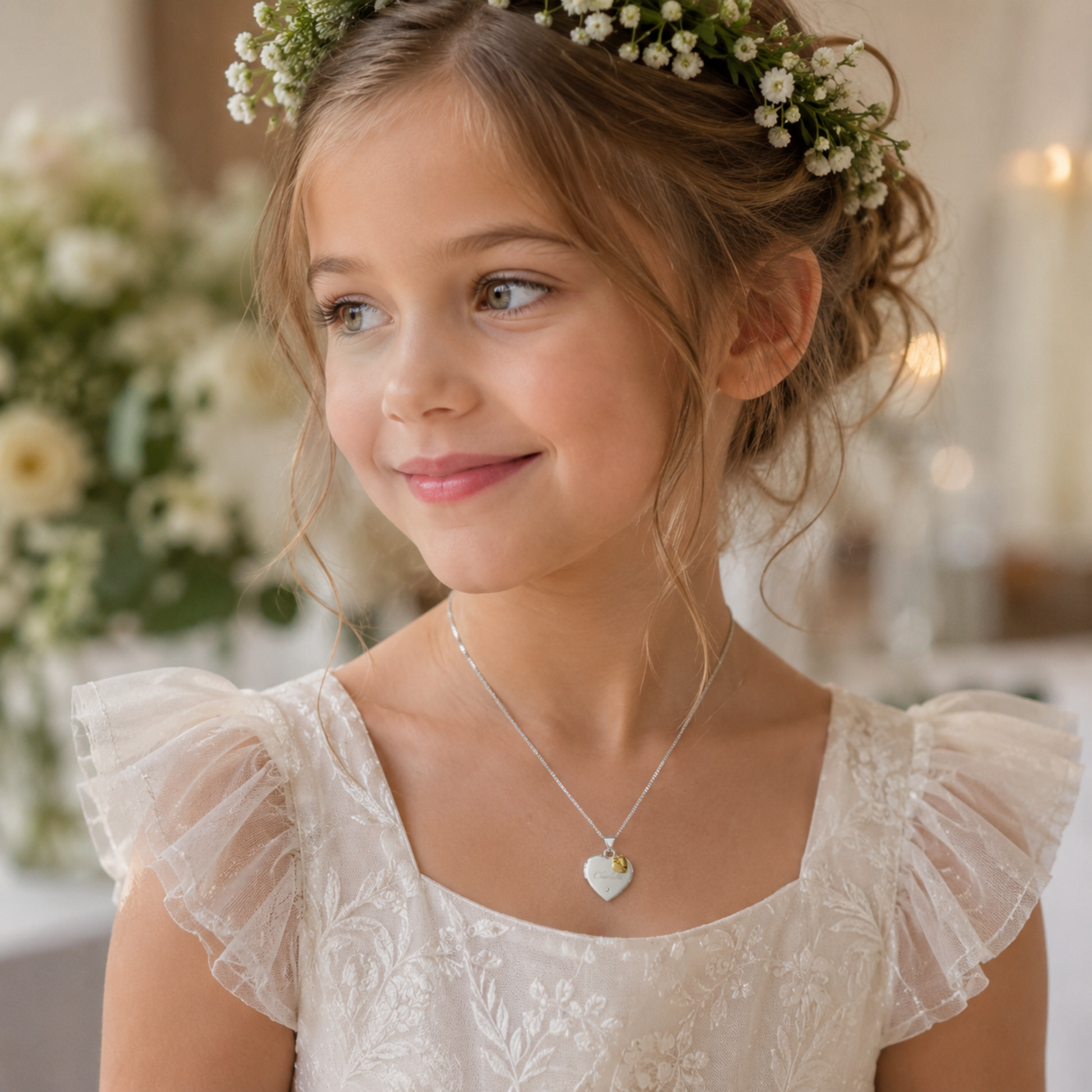 Little girl in white wearing a sterling silver locket engraved with her name and finished with a tiny diamond. Hanging from the locket is a small gold plated sterling silver heart.