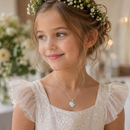 Little girl in white wearing a sterling silver locket engraved with her name and finished with a tiny diamond. Hanging from the locket is a small gold plated sterling silver heart.