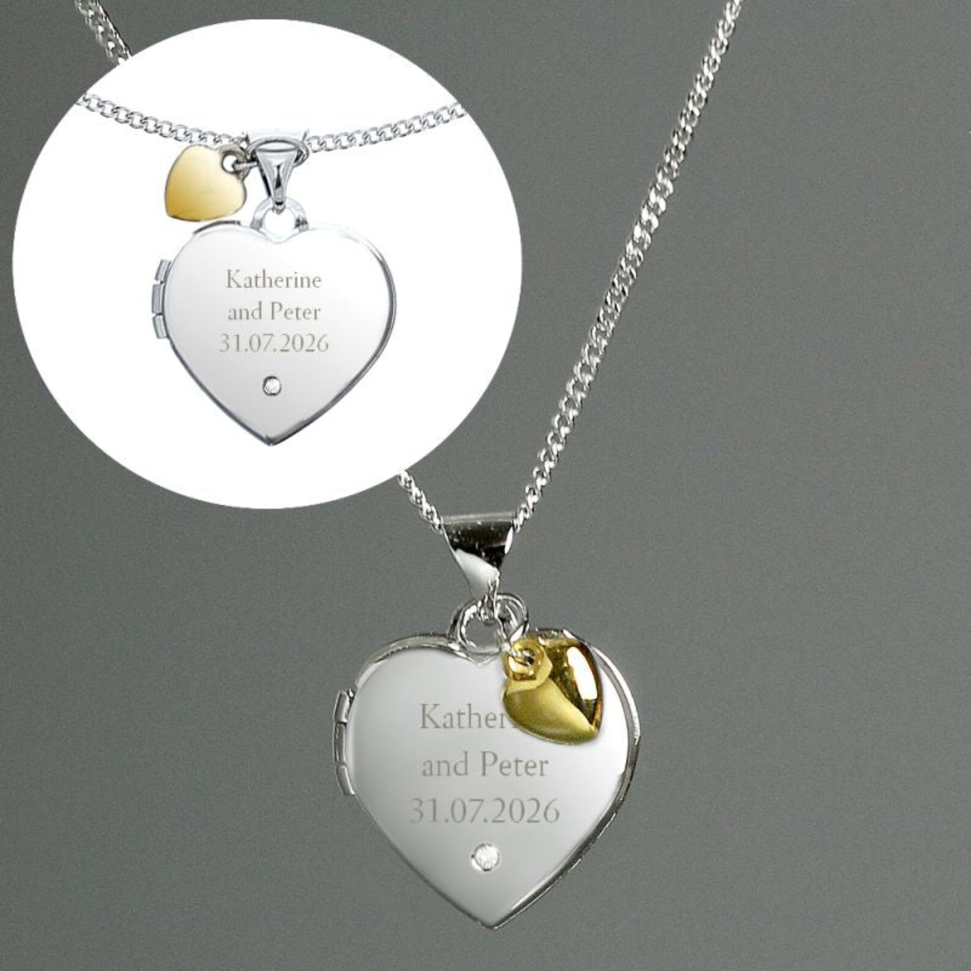 Choose your own text for this engraved sterling silver heart locket. Make it a message, a wedding date, or words of your own choosing. The tiny gold plated heart and diamond make it extra special. 