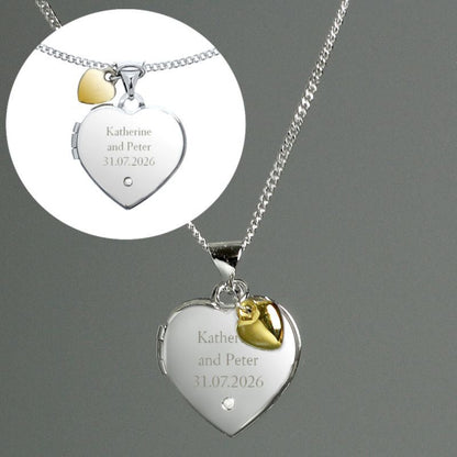 Choose your own text for this engraved sterling silver heart locket. Make it a message, a wedding date, or words of your own choosing. The tiny gold plated heart and diamond make it extra special. 