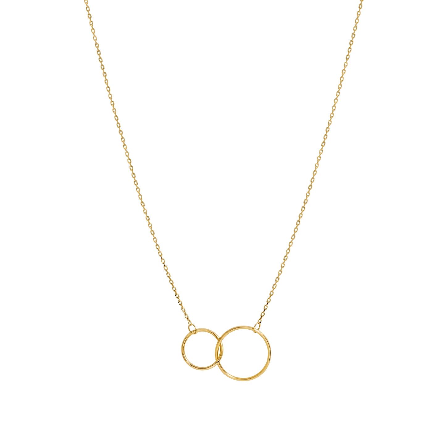 Entwined circles pendant in gold fill finish. Two sparkly entwined circles on an adjustable gold filled chain. 