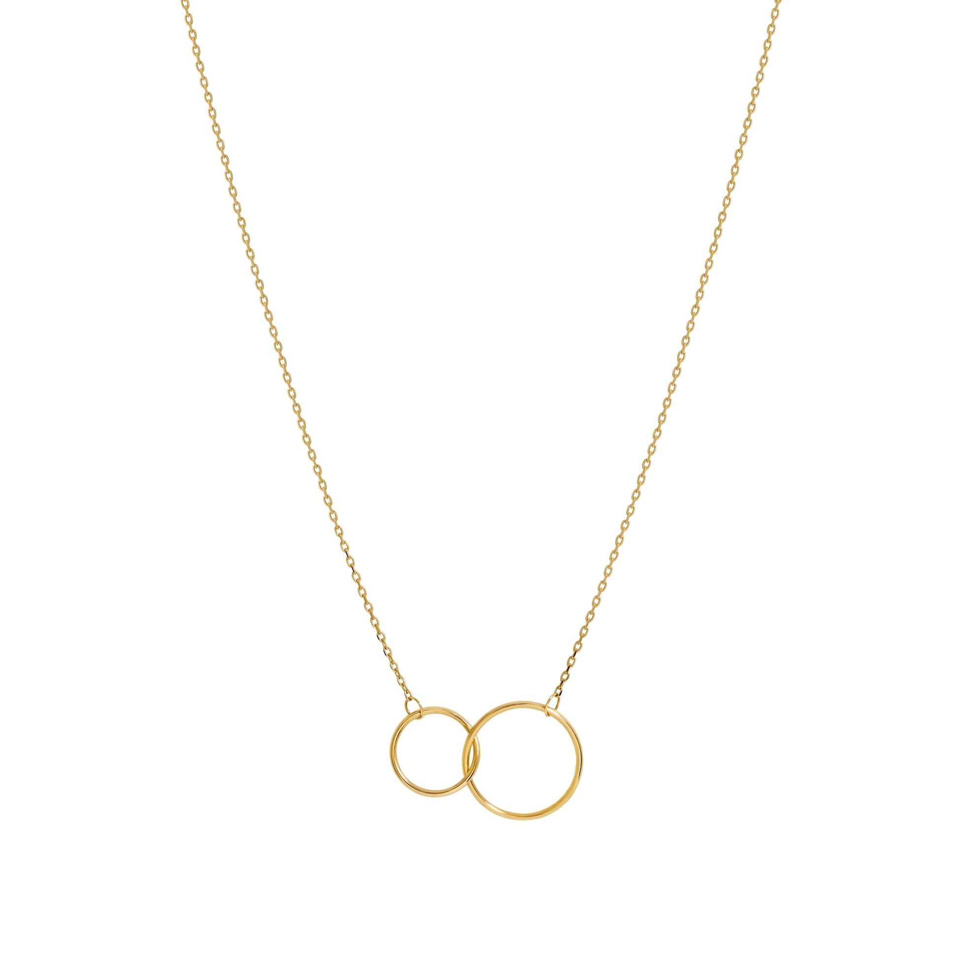 Entwined circles pendant in gold fill finish. Two sparkly entwined circles on an adjustable gold filled chain. 
