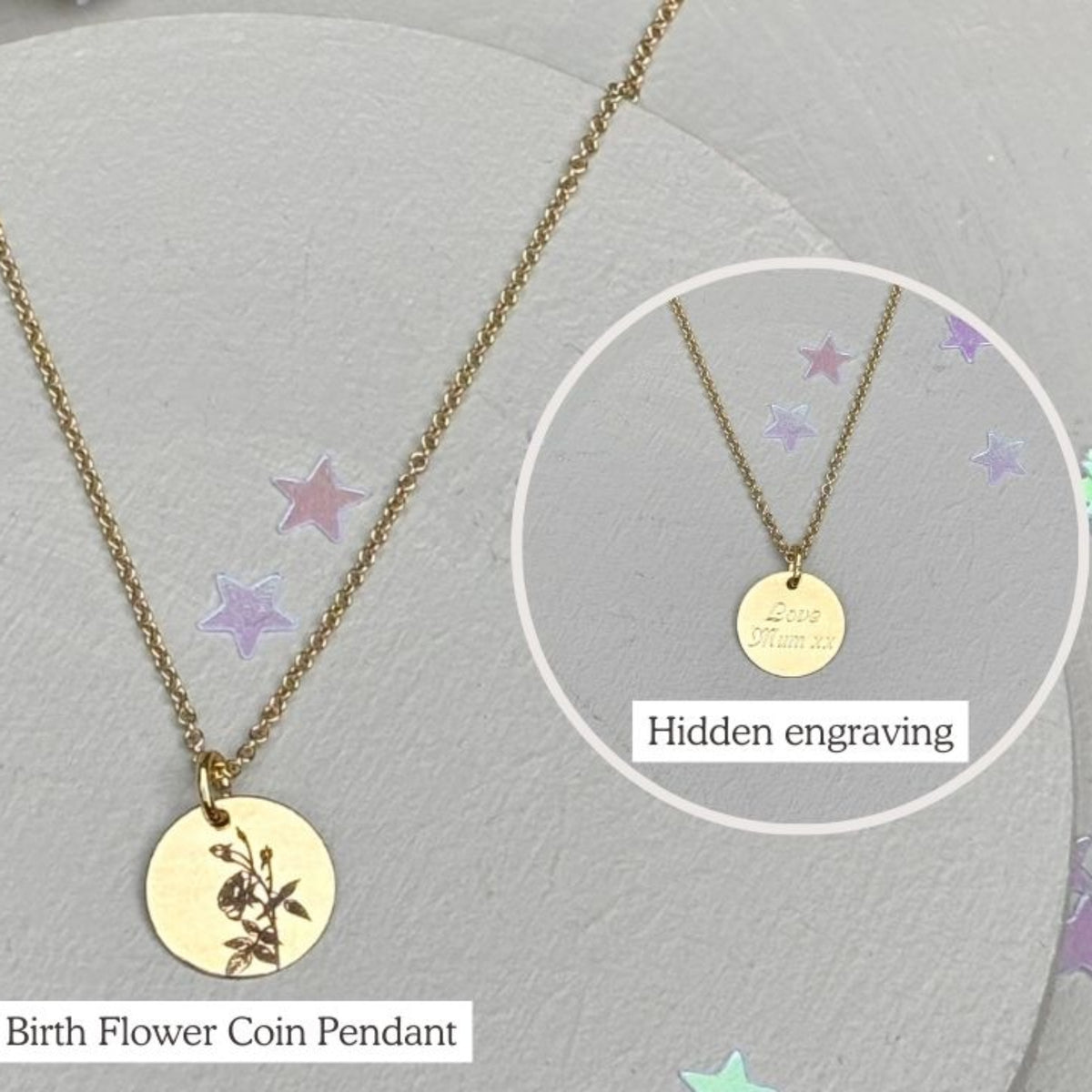 Birth month coin necklace with a hidden engraving on the reverse