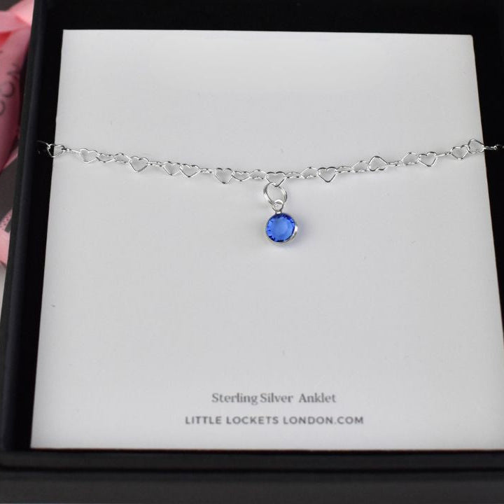 Heart link birthstone anklet shown in gift box