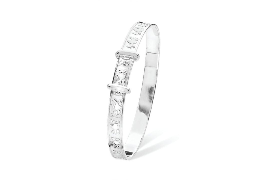 Teddy Bear engraved adjustable sterling silver baby bangle