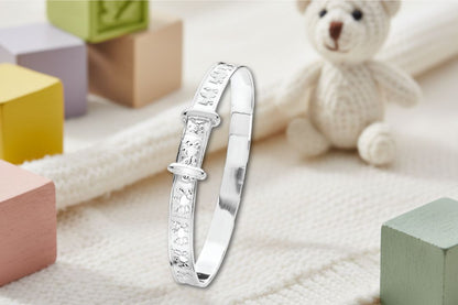 Teddy Bear engraved adjustable sterling silver baby bangle