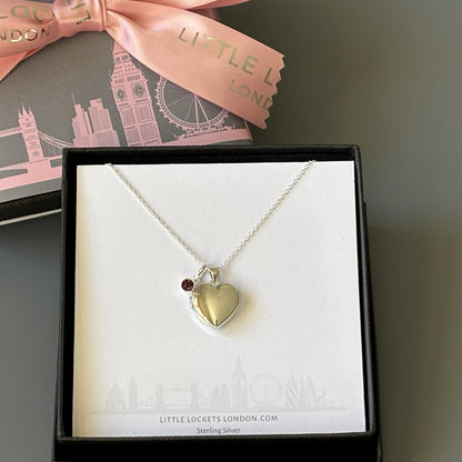 Sterling silver heart locket with birthstone in gift box with london wrap option