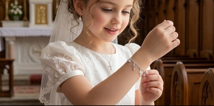 a girl wearing a hearts and crosses first communion bracelet