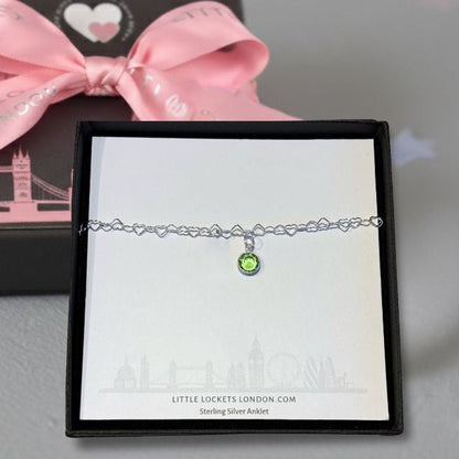 Heart link birthstone anklet shown in gift box